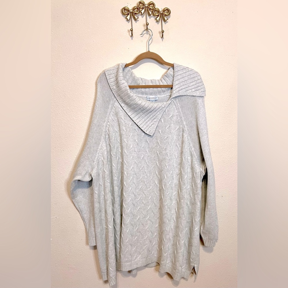 Catherines Light Gray Cable Knit Cowl Neck Sweater